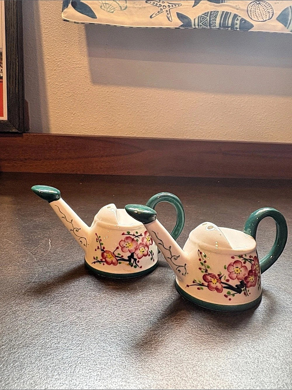 Apple Blossoms ~ Vintage Japan Watering Can Salt Pepper Shakers White Pink Green
